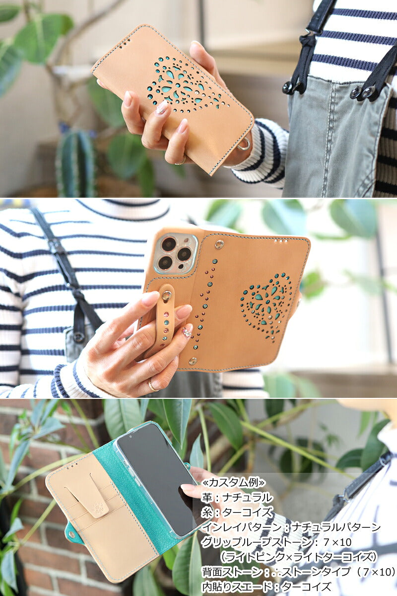ハートフラワーインレイ 手帳型 ケース 8色 iPhone18Pro 18ProMax iPhone17 17ProMax iPhoneAir 17e iPhone手帳ケース Pixel手帳ケース GooglePixel11ProXL Xperia手帳ケース Xperia1VIII Galaxy手帳ケース GalaxyS26Ultra TPU 栃木レザー 本革 リッキーズ 名入れ r158